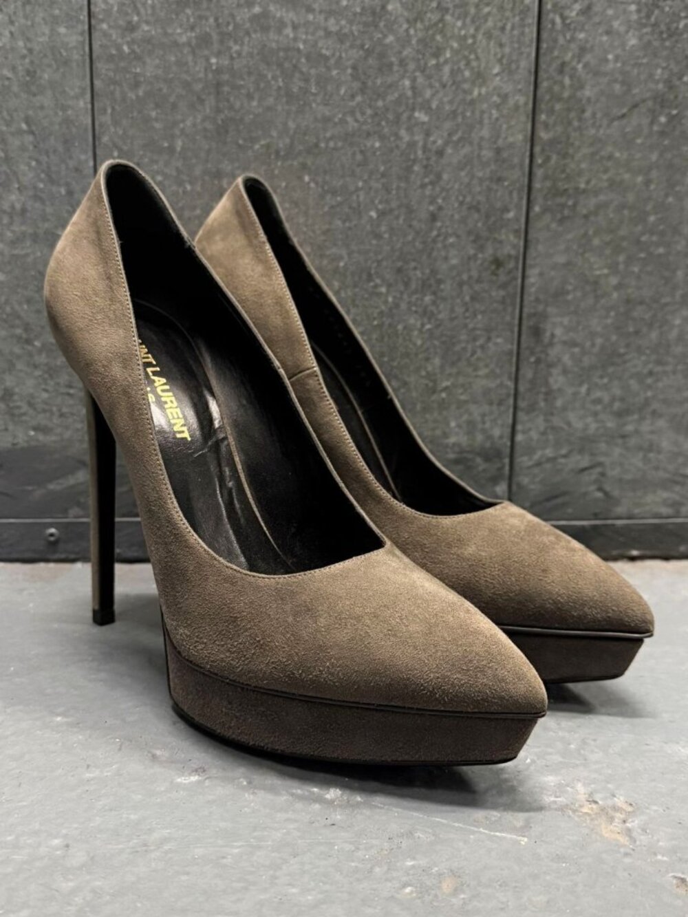 SAINT LAURENT PARIS JANIS DARK GREY SUEDE PLATFORM POINTED TOE PUMPS SHOES